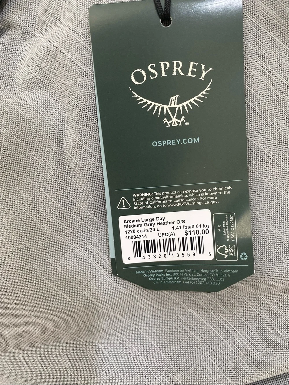 NWT Osprey Arcane Large Day Backpack Gray 20L 1220 cu.in Everyday Lifestyle